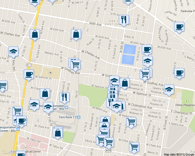 map of restaurants, bars, coffee shops, grocery stores, and more near 6142 North Marshall Street in Philadelphia