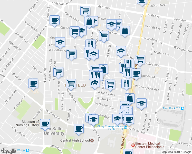 map of restaurants, bars, coffee shops, grocery stores, and more near 5975 Ogontz Avenue in Philadelphia