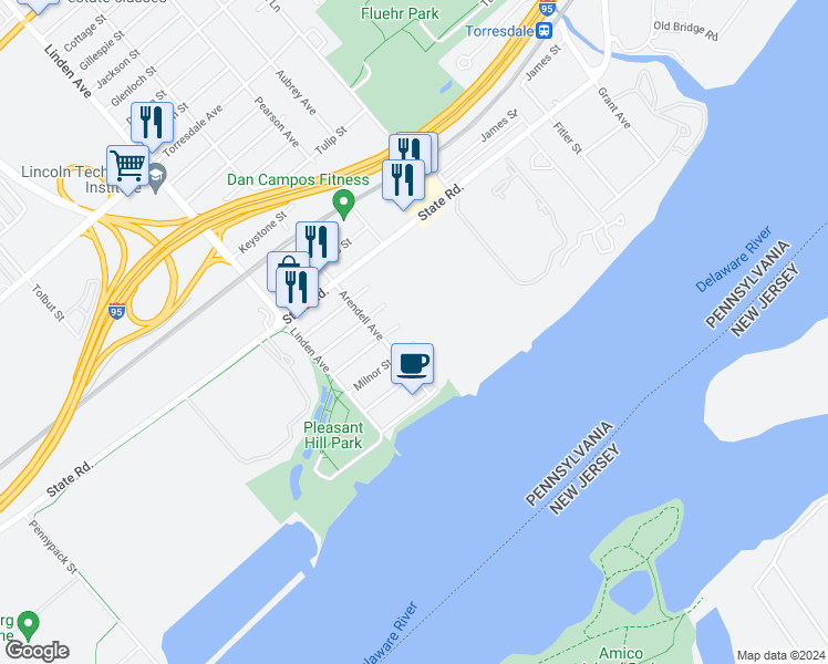 map of restaurants, bars, coffee shops, grocery stores, and more near 46101 Delaire Landing Road in Philadelphia