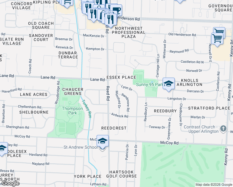 map of restaurants, bars, coffee shops, grocery stores, and more near 4343 Mumford Drive in Upper Arlington