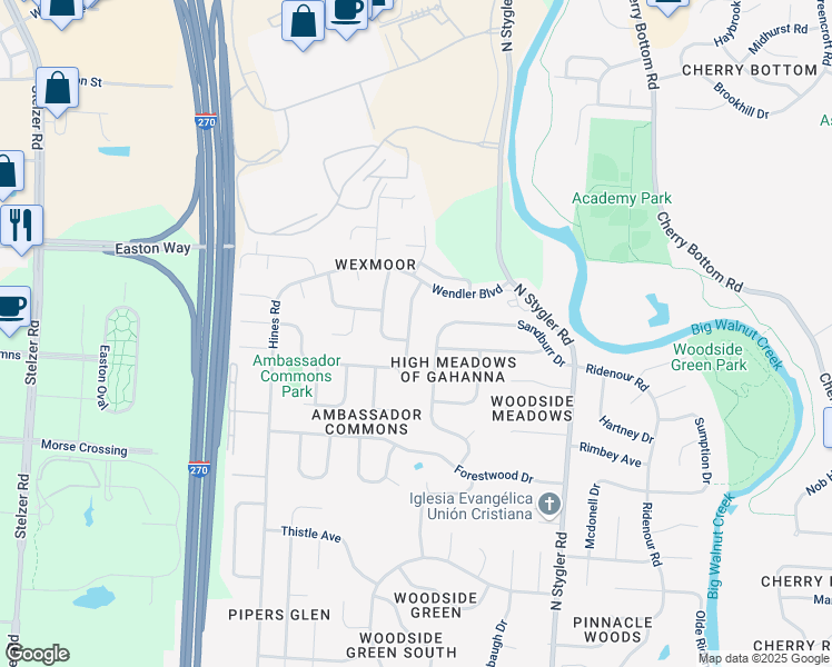 map of restaurants, bars, coffee shops, grocery stores, and more near 3470 Meldrake Street in Columbus