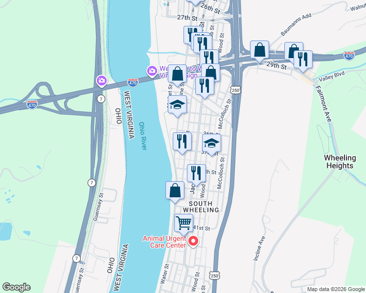 map of restaurants, bars, coffee shops, grocery stores, and more near in Wheeling