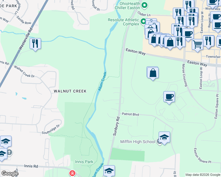map of restaurants, bars, coffee shops, grocery stores, and more near 4207 Sunbury Road in Columbus