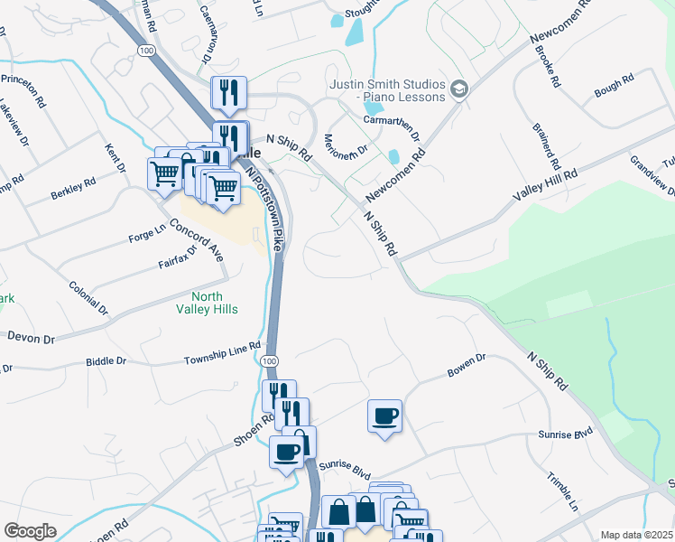 map of restaurants, bars, coffee shops, grocery stores, and more near 222 Llandovery Drive in Exton