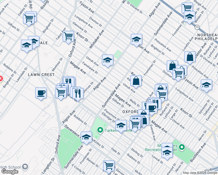 map of restaurants, bars, coffee shops, grocery stores, and more near 1129 Magee Avenue in Philadelphia