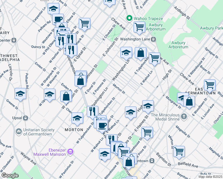 map of restaurants, bars, coffee shops, grocery stores, and more near 159 East Mayland Street in Philadelphia