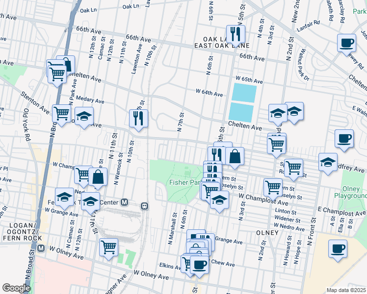 map of restaurants, bars, coffee shops, grocery stores, and more near 6142 North Marshall Street in Philadelphia