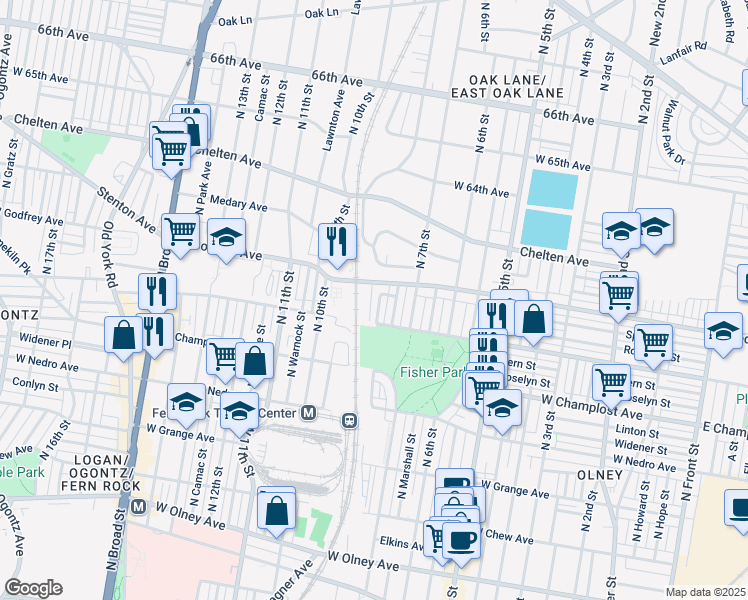 map of restaurants, bars, coffee shops, grocery stores, and more near 6134 North 8th Street in Philadelphia
