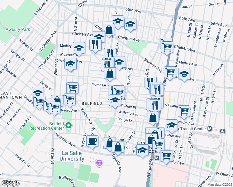 map of restaurants, bars, coffee shops, grocery stores, and more near 5975 Ogontz Avenue in Philadelphia