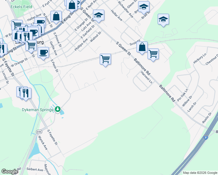 map of restaurants, bars, coffee shops, grocery stores, and more near 208 Dykeman Road in Shippensburg