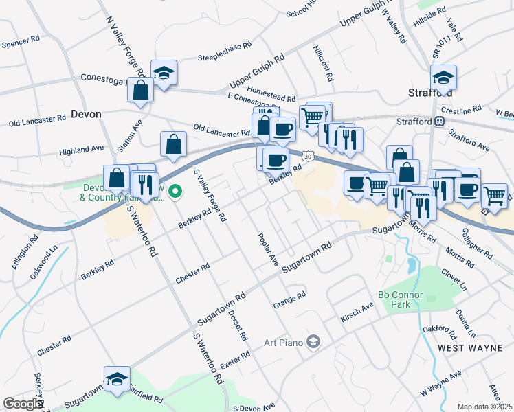 map of restaurants, bars, coffee shops, grocery stores, and more near 345 Oxer Court in Devon