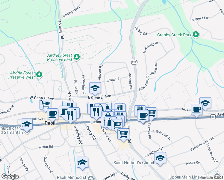 map of restaurants, bars, coffee shops, grocery stores, and more near 104 Arlington Road in Paoli