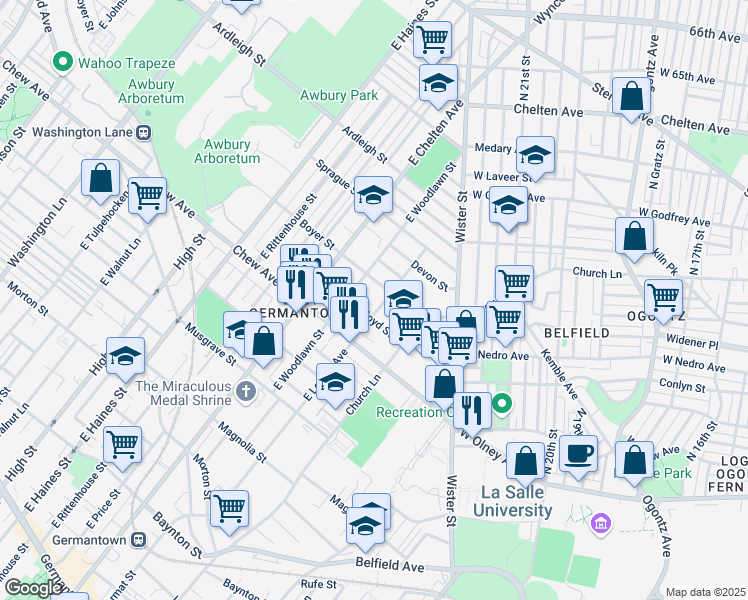 map of restaurants, bars, coffee shops, grocery stores, and more near 845 East Locust Avenue in Philadelphia