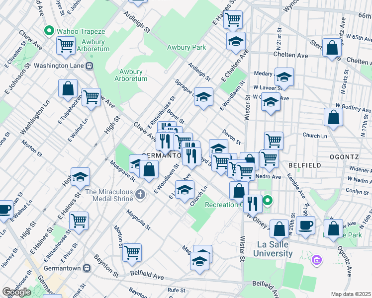 map of restaurants, bars, coffee shops, grocery stores, and more near 831 East Woodlawn Street in Philadelphia