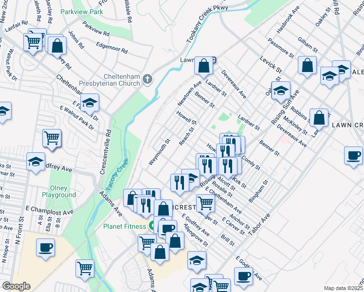 map of restaurants, bars, coffee shops, grocery stores, and more near 5833 Reach Street in Philadelphia