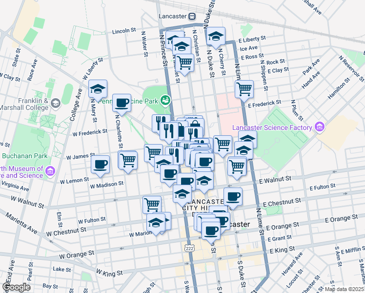 map of restaurants, bars, coffee shops, grocery stores, and more near 40 West James Street in Lancaster