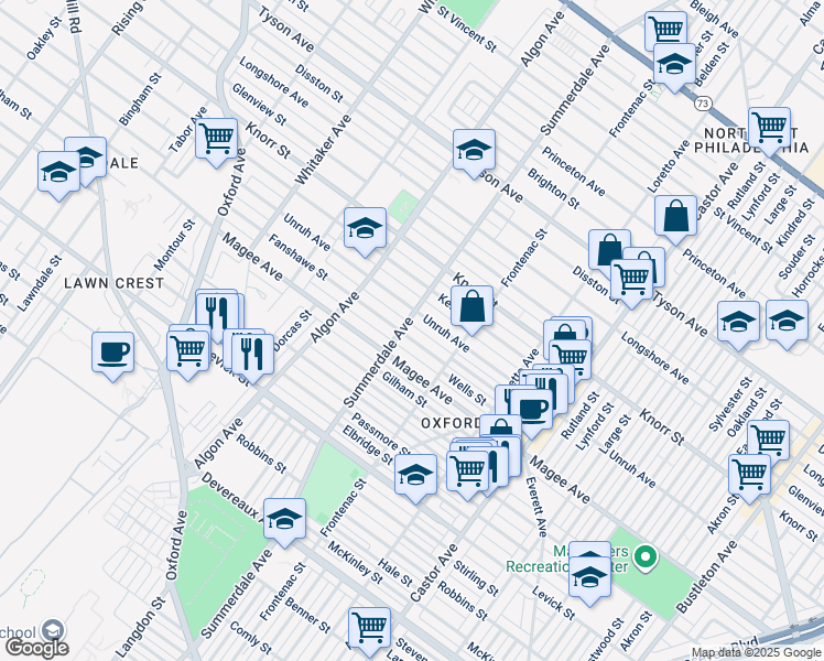 map of restaurants, bars, coffee shops, grocery stores, and more near 1205 Fanshawe Street in Philadelphia