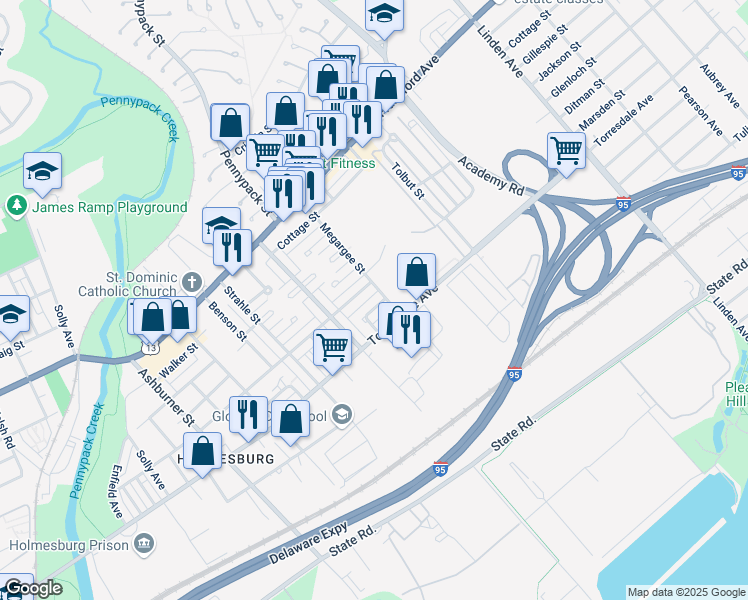 map of restaurants, bars, coffee shops, grocery stores, and more near 8760 Marsden Street in Philadelphia