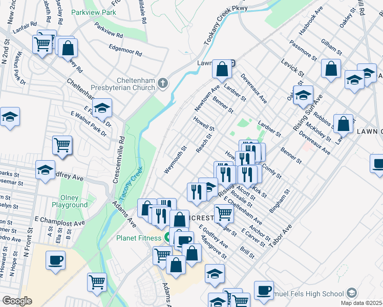 map of restaurants, bars, coffee shops, grocery stores, and more near 5826 Reach Street in Philadelphia