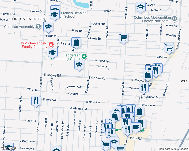 map of restaurants, bars, coffee shops, grocery stores, and more near 1790 East Cooke Road in Columbus