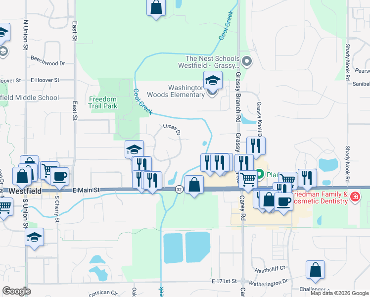 map of restaurants, bars, coffee shops, grocery stores, and more near 17757 Cedarbrook Drive in Westfield