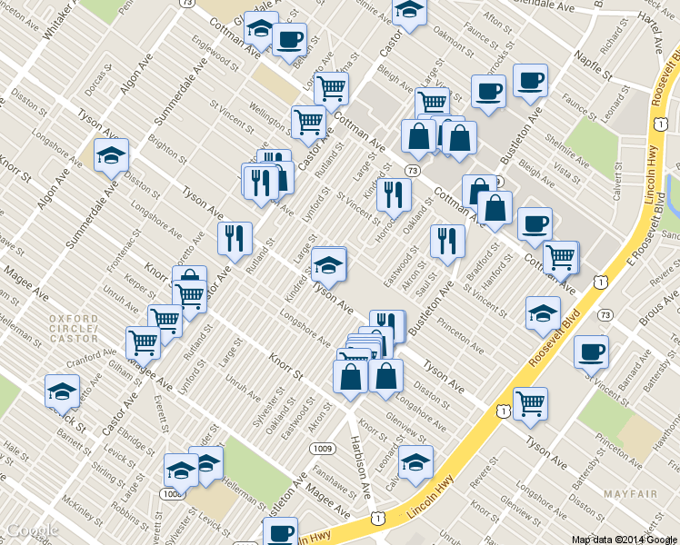 map of restaurants, bars, coffee shops, grocery stores, and more near 7026 Horrocks St in Philadelphia