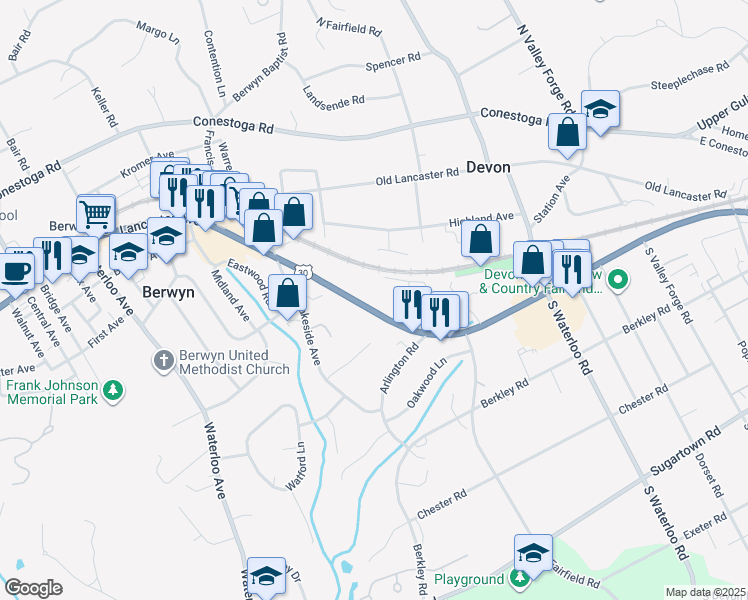 map of restaurants, bars, coffee shops, grocery stores, and more near 415 West Lancaster Avenue in Devon