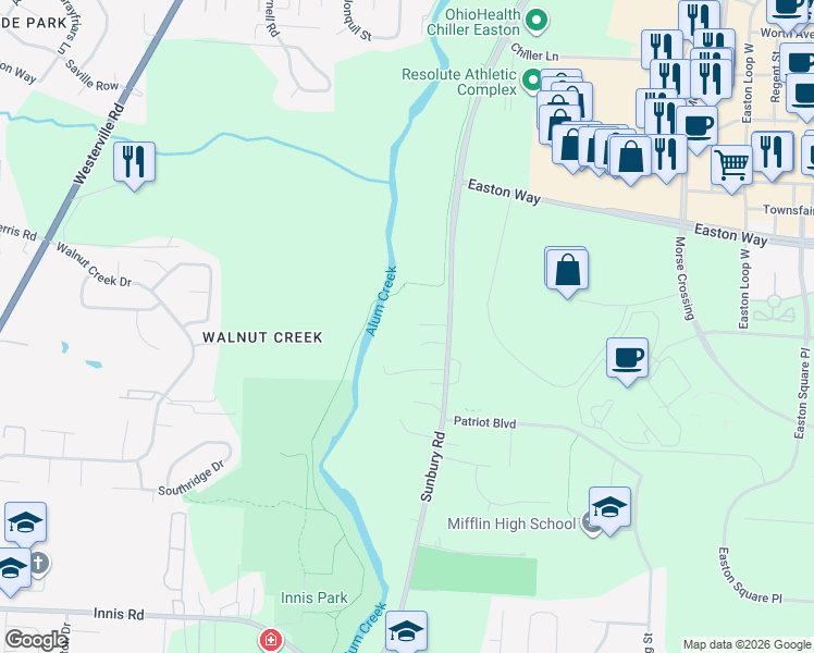 map of restaurants, bars, coffee shops, grocery stores, and more near 4207 Sunbury Road in Columbus