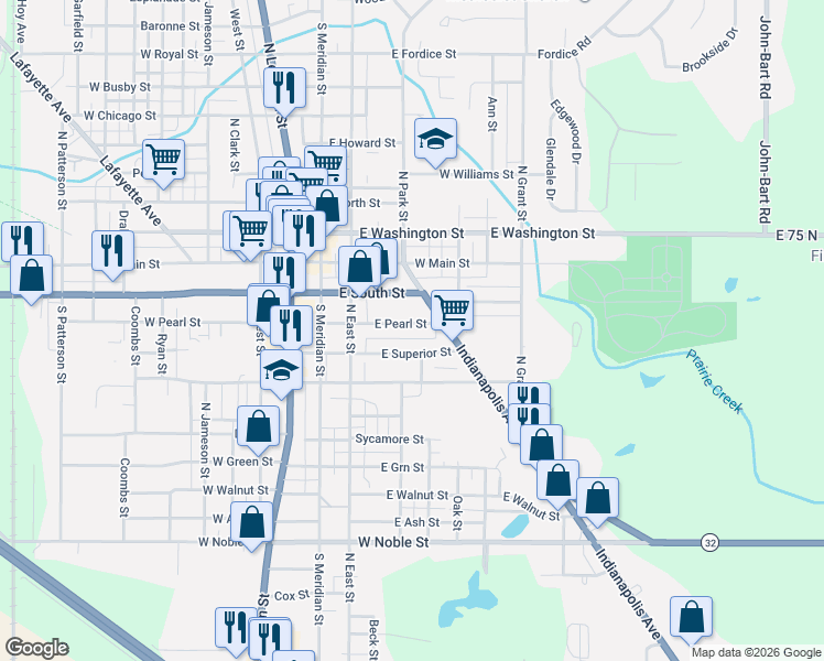 map of restaurants, bars, coffee shops, grocery stores, and more near 411 East Pearl Street in Lebanon
