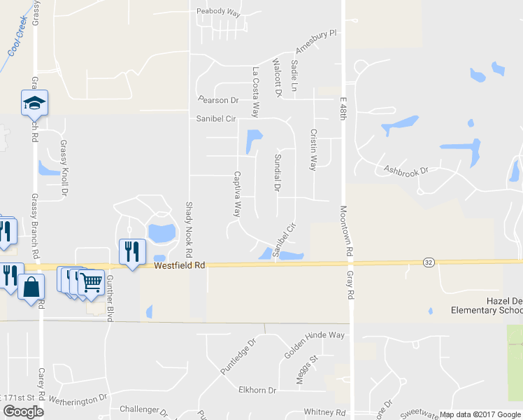 map of restaurants, bars, coffee shops, grocery stores, and more near 17729 Gasparilla Court in Noblesville