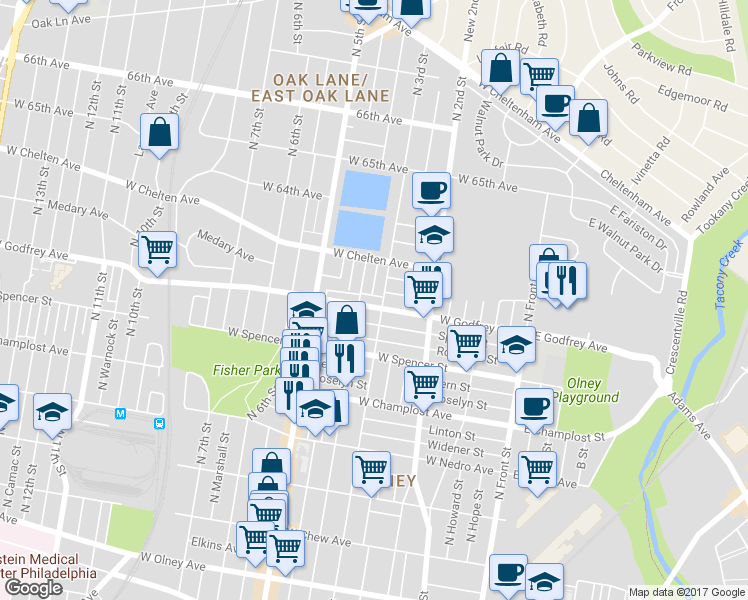map of restaurants, bars, coffee shops, grocery stores, and more near 311 West Godfrey Avenue in Philadelphia