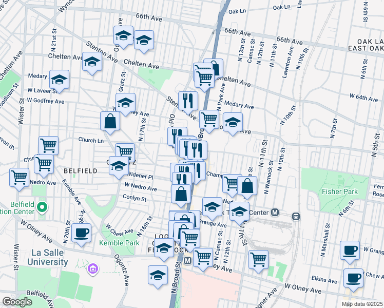 map of restaurants, bars, coffee shops, grocery stores, and more near 1404 Green Lane in Philadelphia