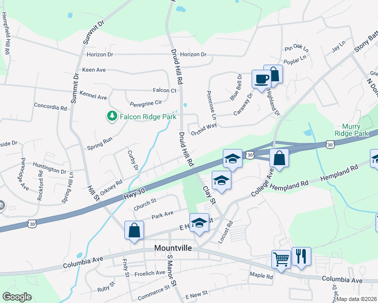 map of restaurants, bars, coffee shops, grocery stores, and more near 3590 Orkney Road in Mountville