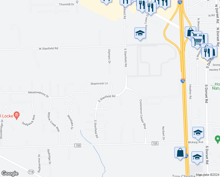 map of restaurants, bars, coffee shops, grocery stores, and more near 2212C Shamrock Lane in Troy