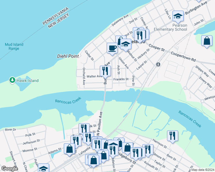 map of restaurants, bars, coffee shops, grocery stores, and more near 205 Burlington Avenue in Delanco
