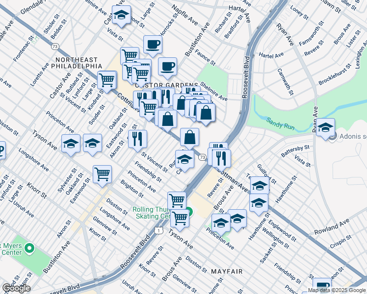 map of restaurants, bars, coffee shops, grocery stores, and more near 7266 Rupert Street in Philadelphia