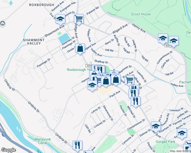 map of restaurants, bars, coffee shops, grocery stores, and more near 7220 Ridge Avenue in Philadelphia