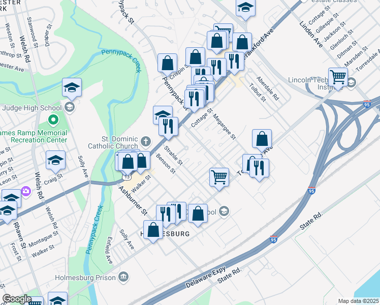 map of restaurants, bars, coffee shops, grocery stores, and more near 8629 Gillespie Street in Philadelphia