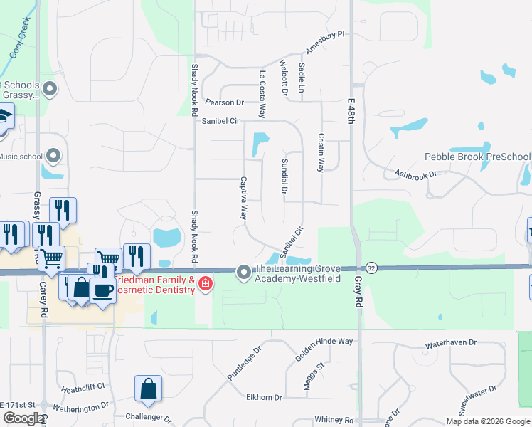 map of restaurants, bars, coffee shops, grocery stores, and more near 17729 Gasparilla Court in Noblesville