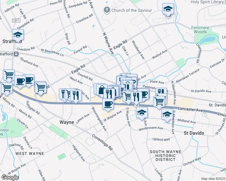 map of restaurants, bars, coffee shops, grocery stores, and more near 38 West Ave in Wayne