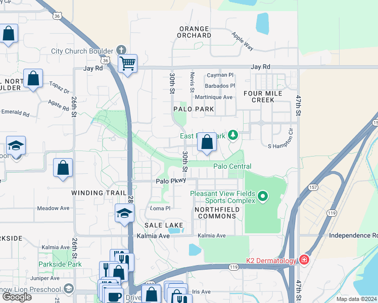 map of restaurants, bars, coffee shops, grocery stores, and more near 3887 Arbol Court in Boulder