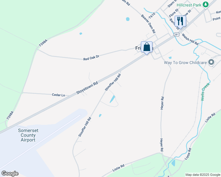 map of restaurants, bars, coffee shops, grocery stores, and more near 164 Stouffer Hill Road in Friedens