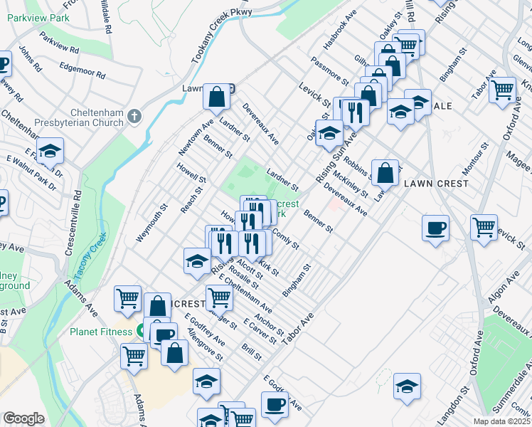 map of restaurants, bars, coffee shops, grocery stores, and more near 6000 Rising Sun Avenue in Philadelphia