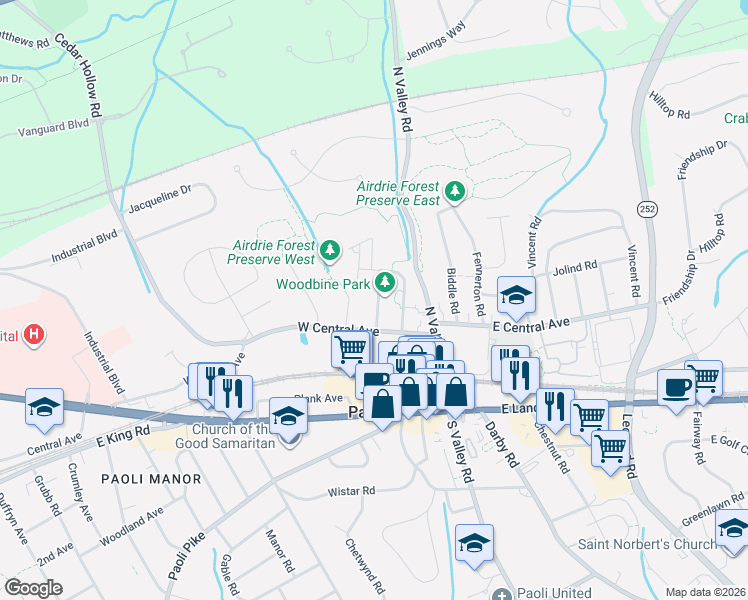 map of restaurants, bars, coffee shops, grocery stores, and more near in Paoli