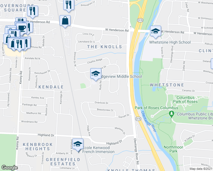 map of restaurants, bars, coffee shops, grocery stores, and more near 4199 Rowanne Rd in Columbus