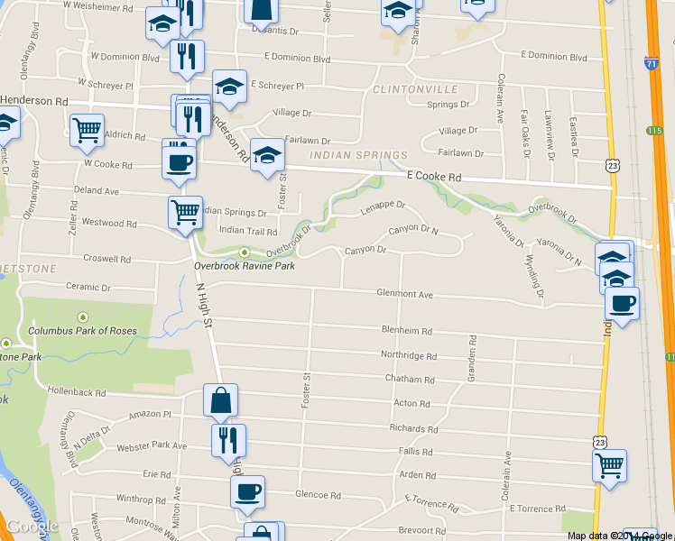 map of restaurants, bars, coffee shops, grocery stores, and more near 4059 Glenmont Place in Columbus