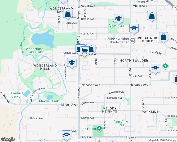 map of restaurants, bars, coffee shops, grocery stores, and more near 1344 Oakleaf Circle in Boulder
