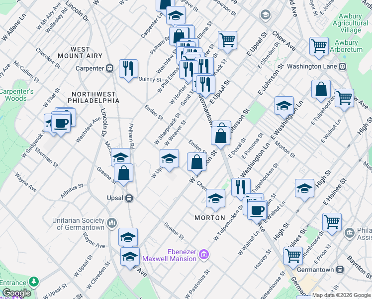 map of restaurants, bars, coffee shops, grocery stores, and more near 6440 Emlen Street in Philadelphia