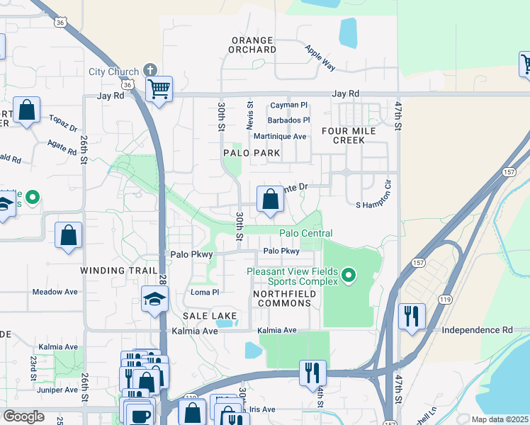 map of restaurants, bars, coffee shops, grocery stores, and more near 3893 Bosque Court in Boulder