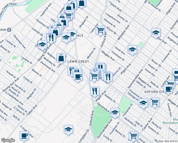 map of restaurants, bars, coffee shops, grocery stores, and more near 832 Levick Street in Philadelphia